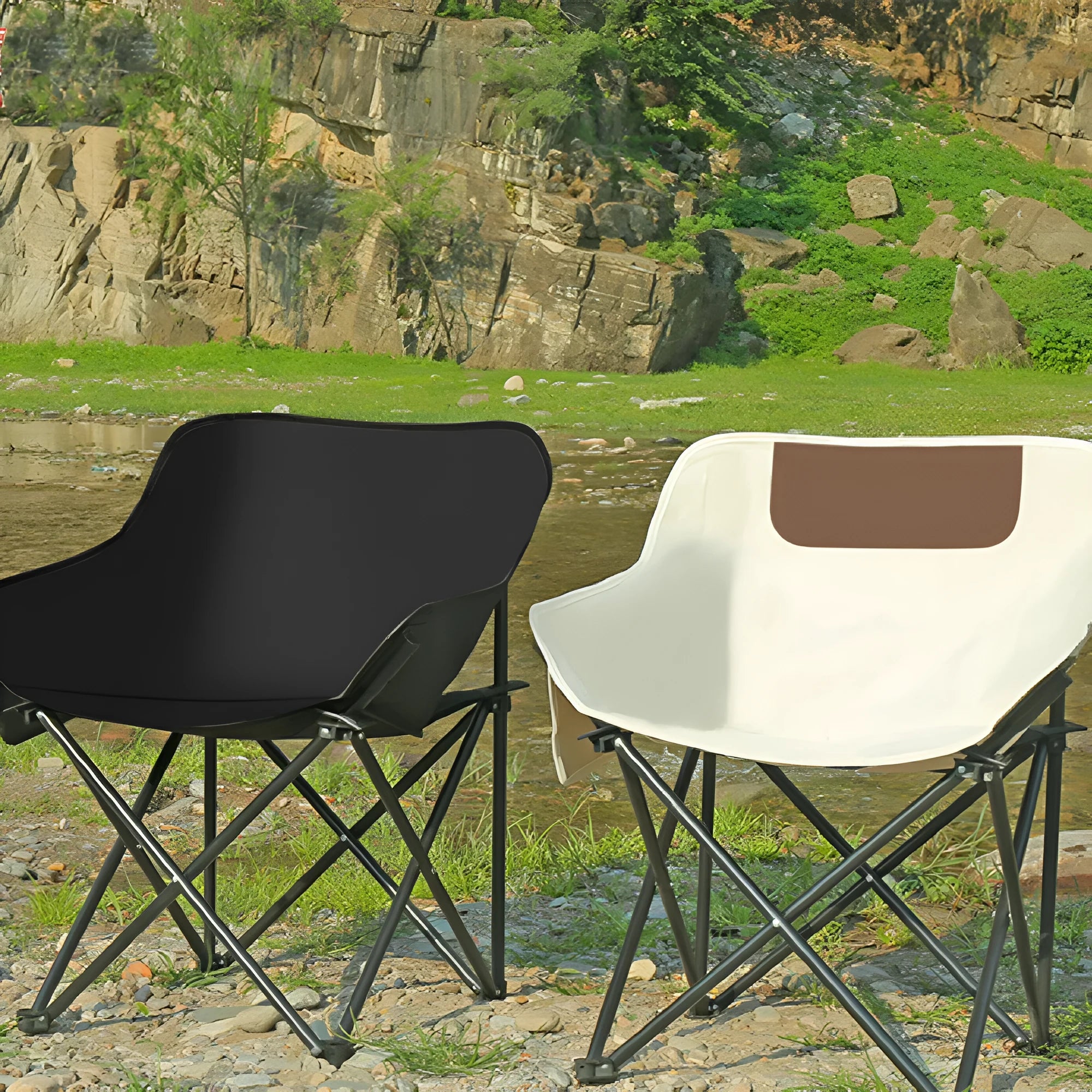 Beige folding camping chair with steel frame and Oxford cloth seat in open position