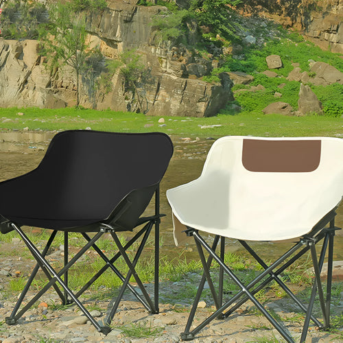 Beige folding camping chair with steel frame and Oxford cloth seat in open position