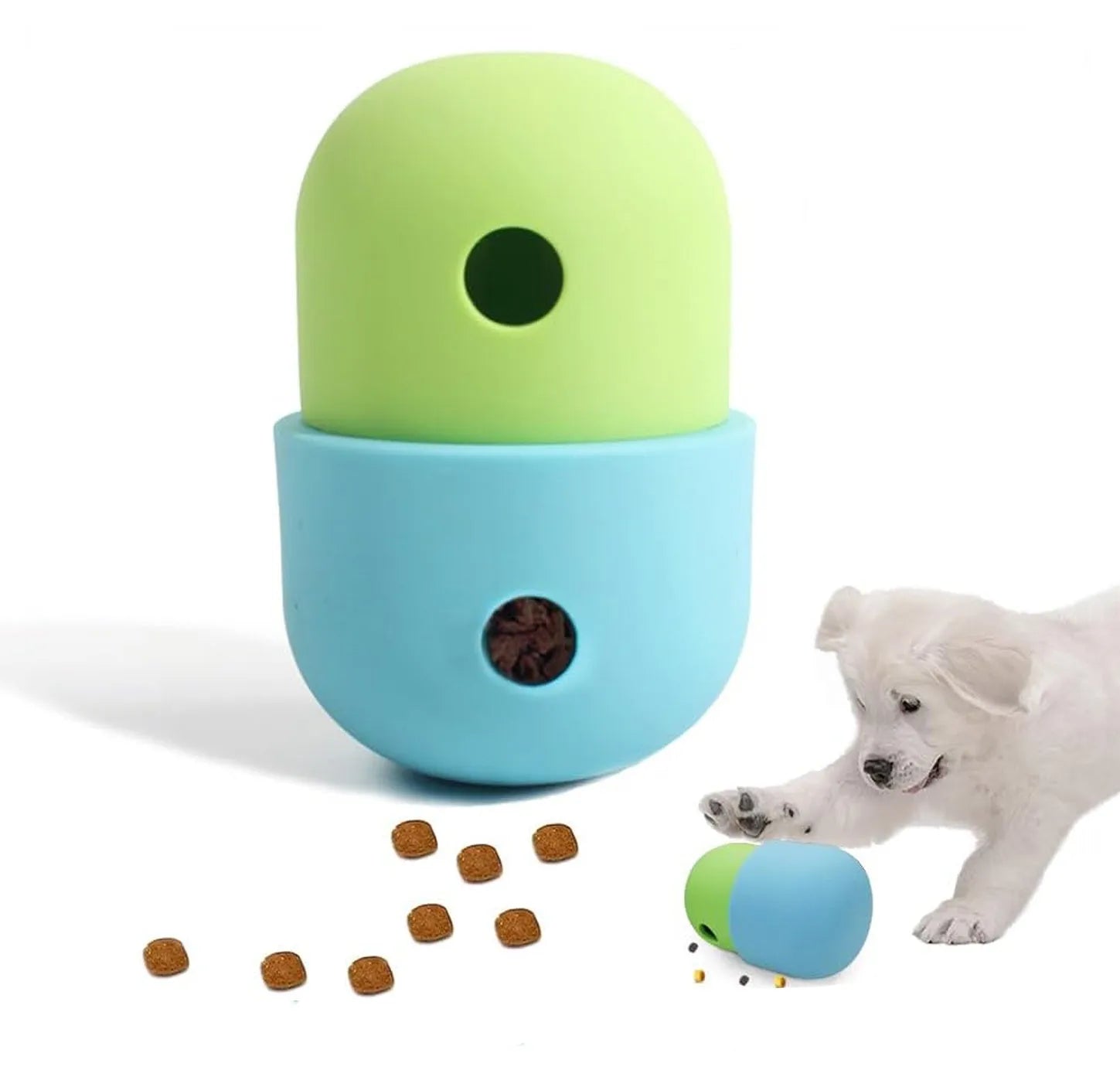 Two-tone silicone dog treat dispensing puzzle ball for small medium dogs on a wooden floor
