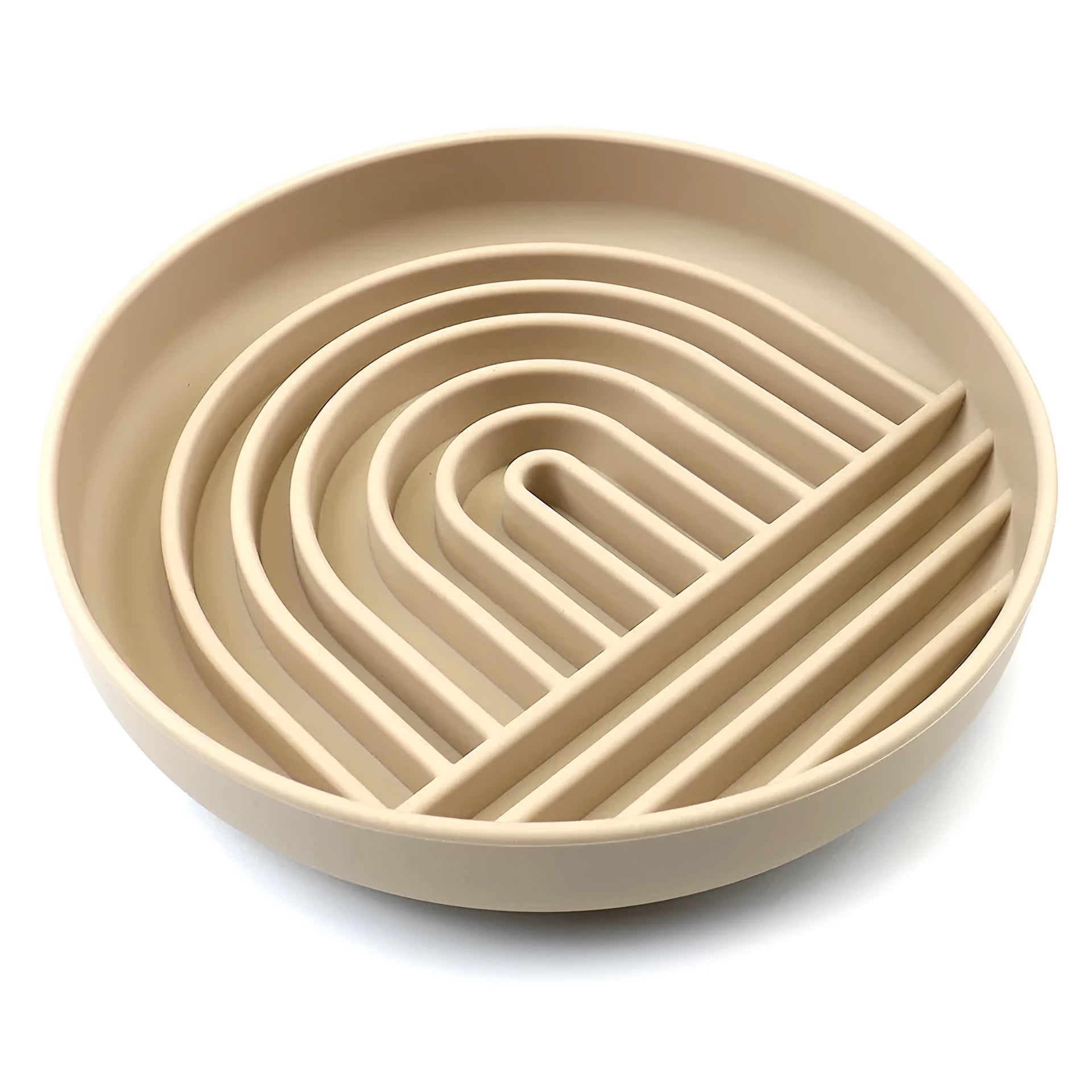 Silicone slow feeder dog bowl with ridges, shown in beige colour, 19cm diameter