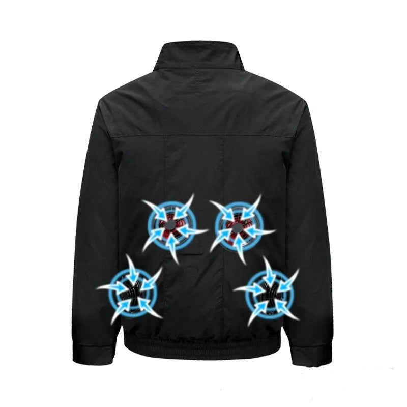 Smart air conditioning outdoor work jacket with cooling fan in black or white with ventilation holes