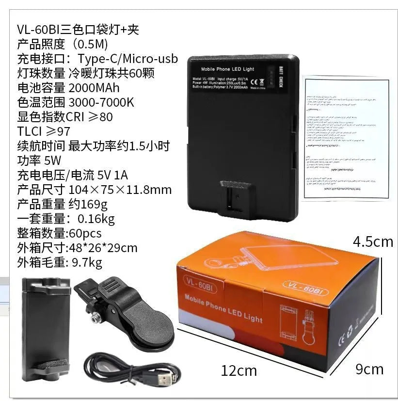 Portable LED fill light with clip attachment for mobile photography and video recording