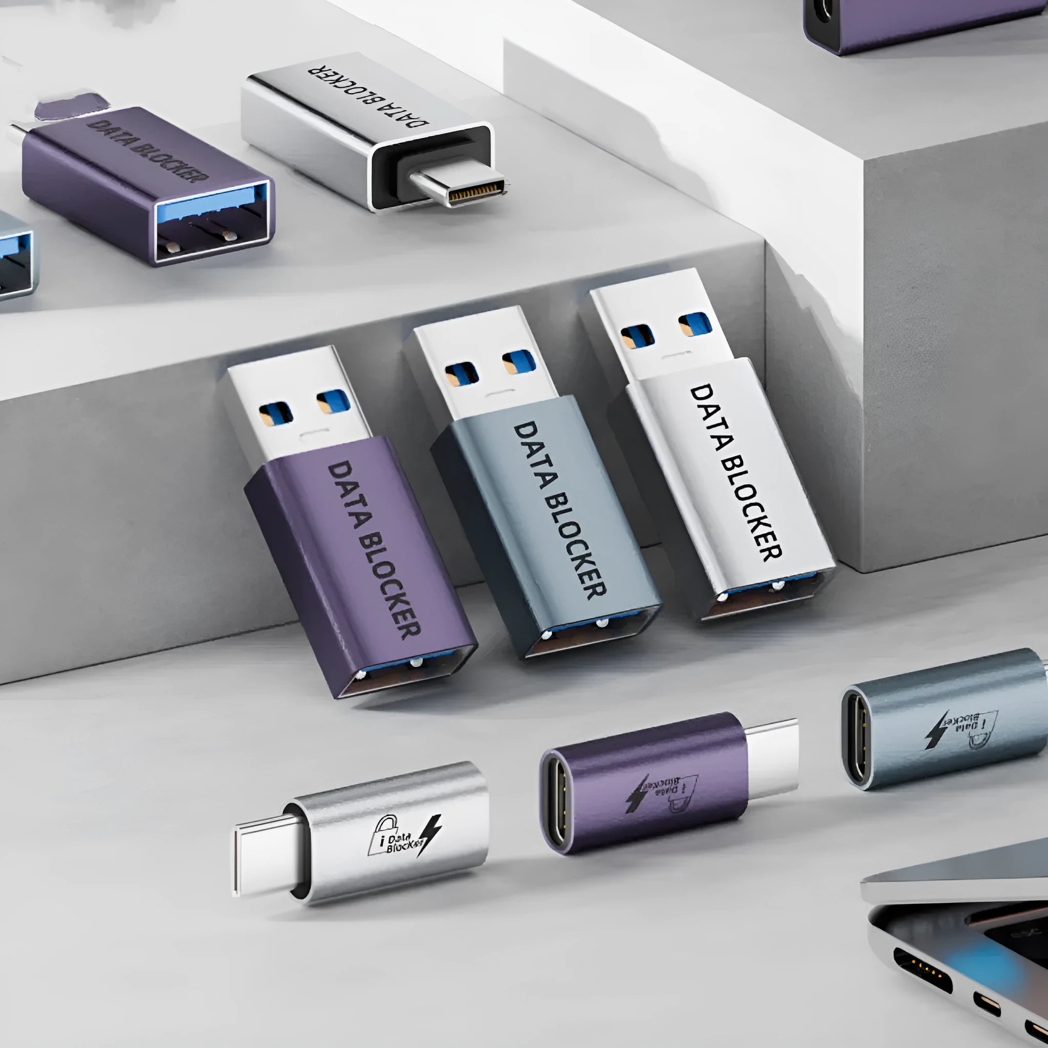 Silver aluminum alloy USB to Type-C Data Blocker adapter for data shielding during charging