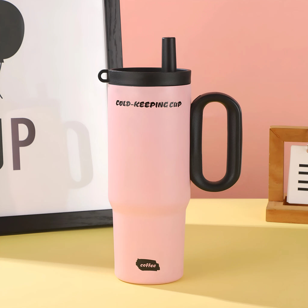 DIY Vitality large insulated straw cup with handle in black, pink, blue, white, or yellow.