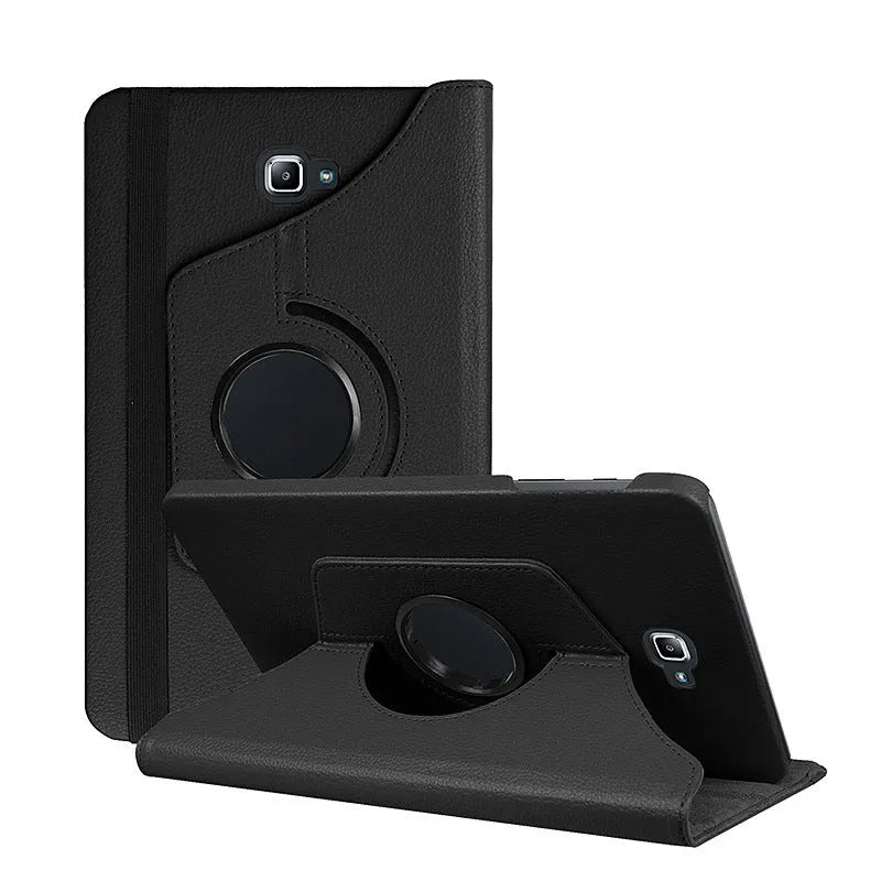 Lenovo T series rotating leather tablet case in black showing clamshell design and adjustable viewing angles