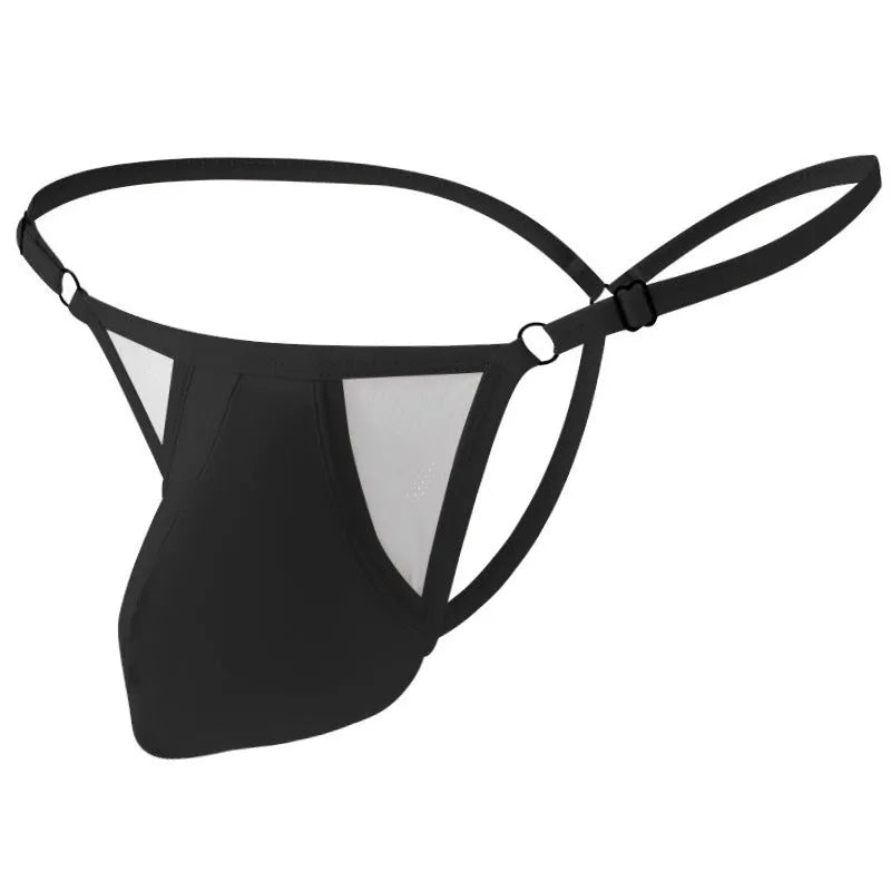 Men's ice silk T-back underwear with geometric pattern, thin adjustable straps, shown in army green colour.