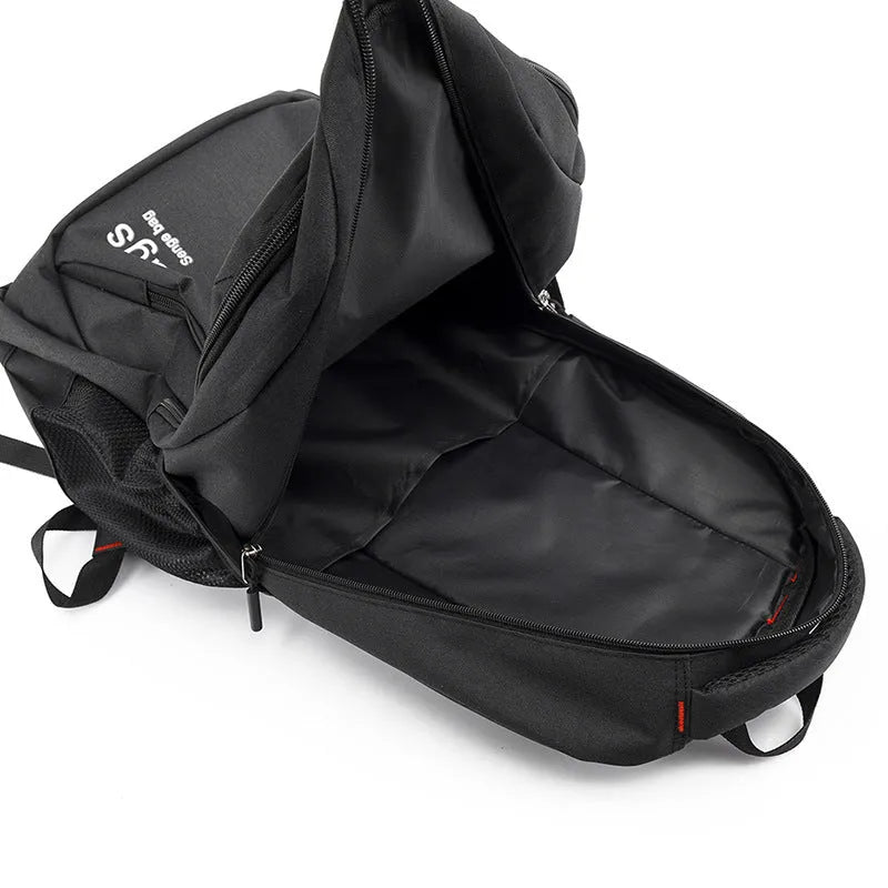 Nylon fashion backpack showing front view with multiple compartments and adjustable shoulder straps