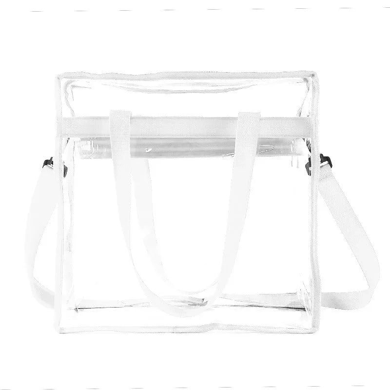 Women's transparent PVC shoulder messenger bag with double connector straps in horizontal square shape