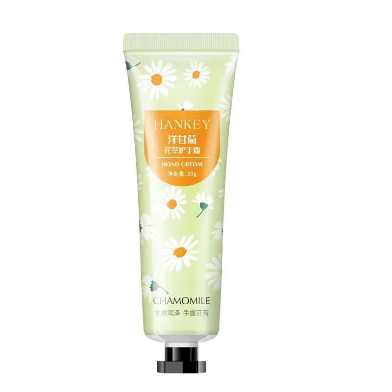 30g tube of scented hand cream for dry skin, shown with choice of avocado, chamomile, and rose fragrances.