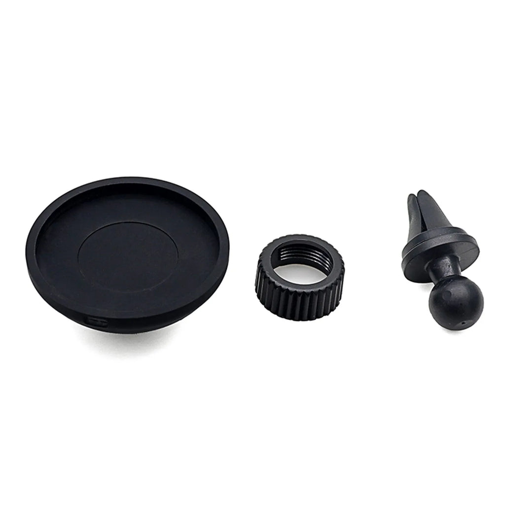 Black plastic car mobile phone holder with magnetic snap-in attachment for dashboard or air vent mounting