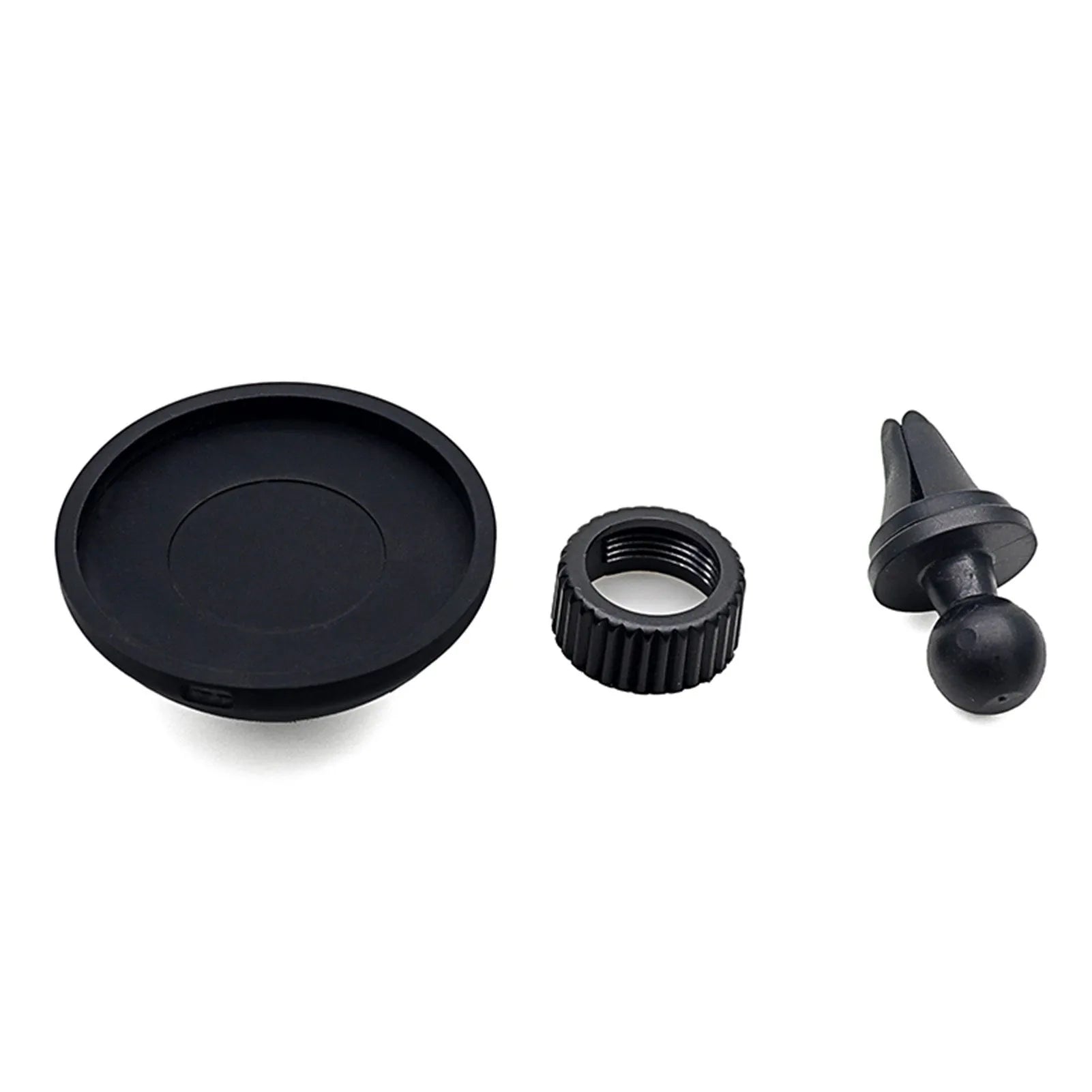 Black plastic car mobile phone holder with magnetic snap-in attachment for dashboard or air vent mounting