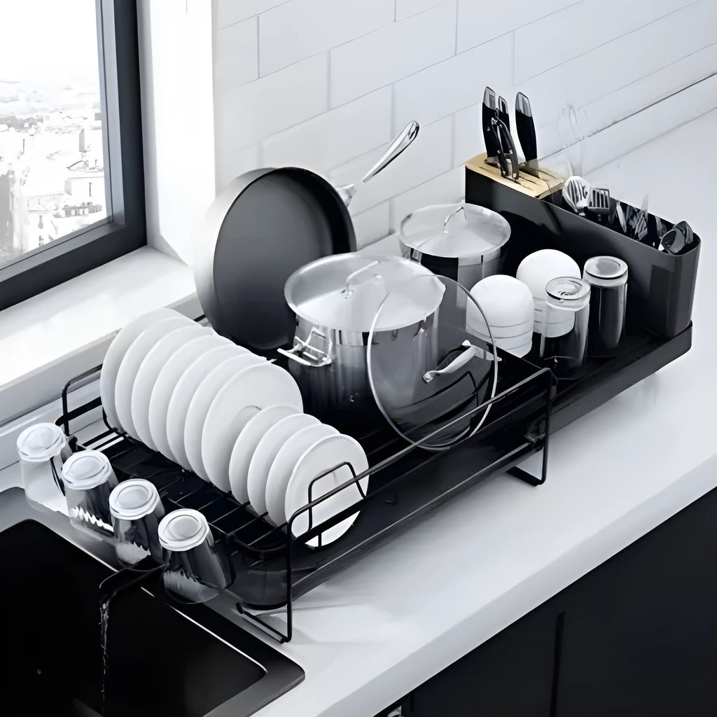 Retractable kitchen drain rack for cutlery and cups made from carbon steel.