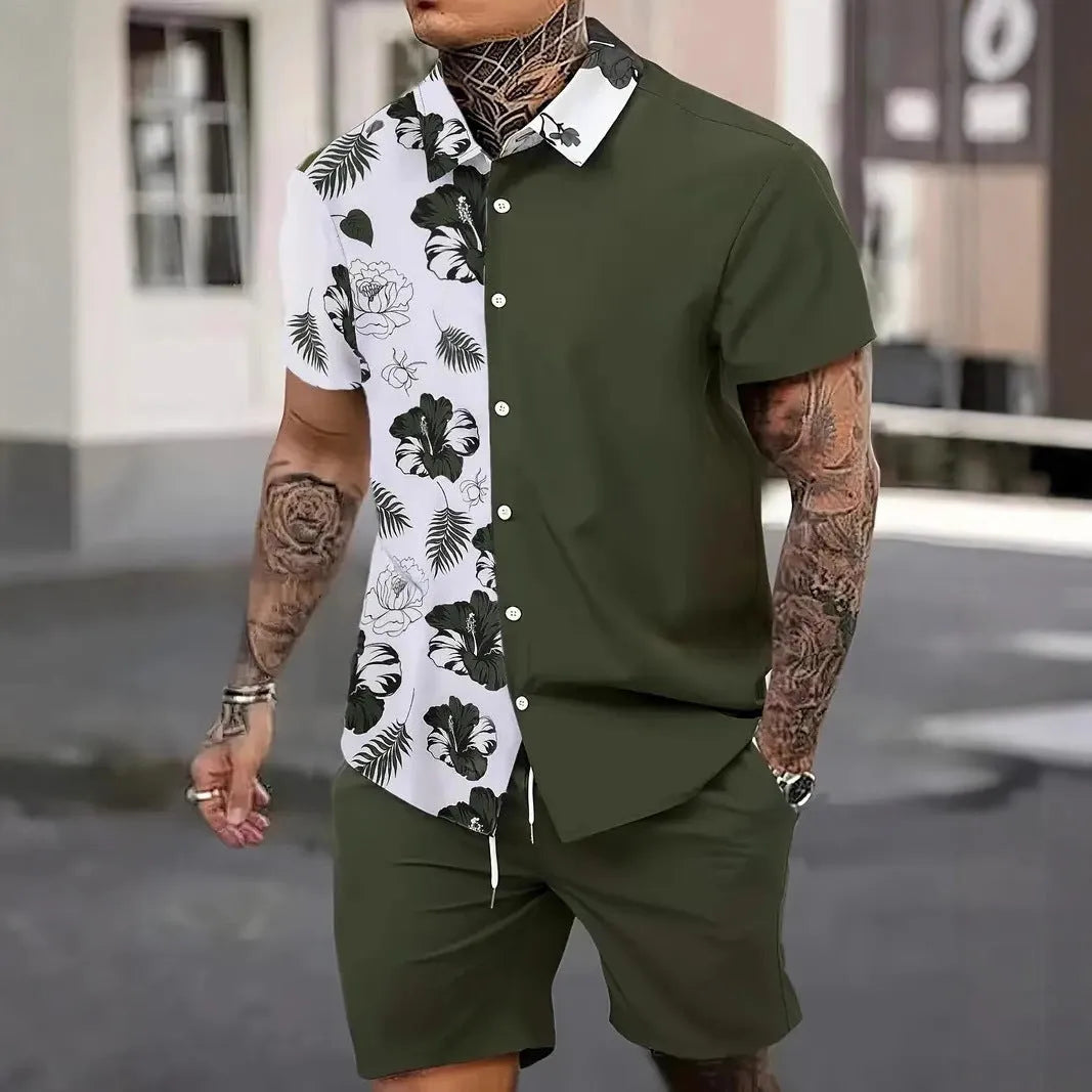 Men's Hawaiian patterned short sleeve suit with 3D print design and matching shorts