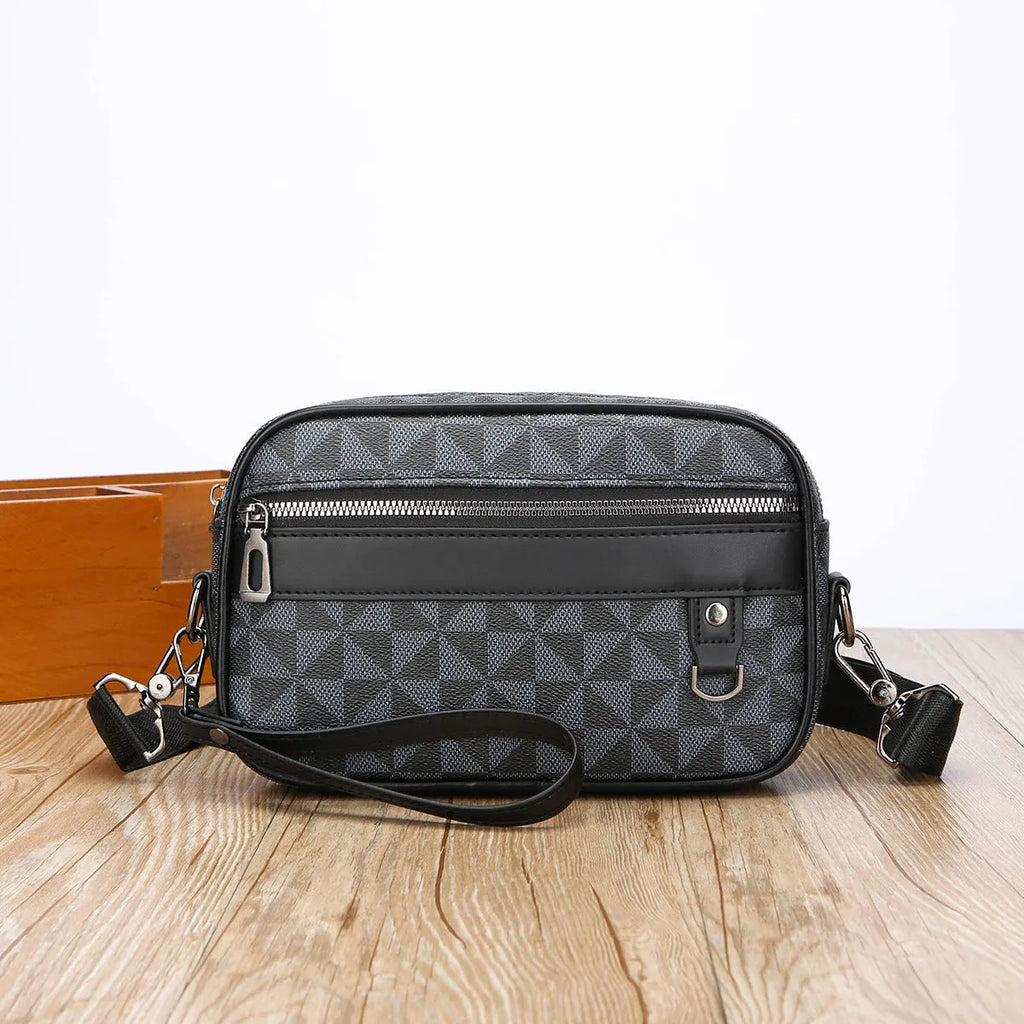 Men's geometric pattern messenger bag with shoulder strap and handheld option in black colour