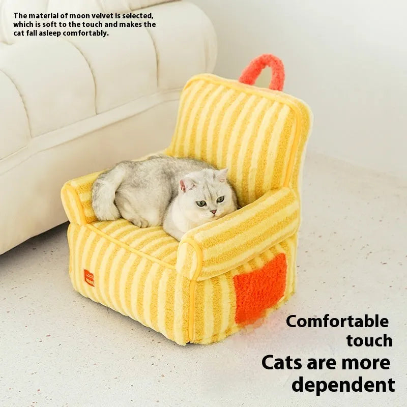 Striped plush pet bed for cats and dogs with a removable washable cover in yellow, orange, or purple.