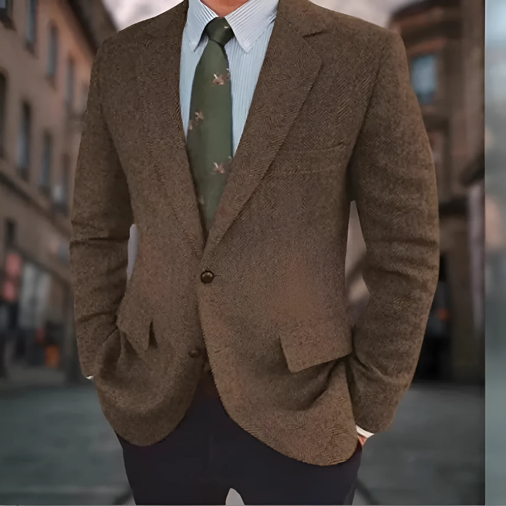 Men's brown herringbone business casual suit jacket with retro styling and long sleeves