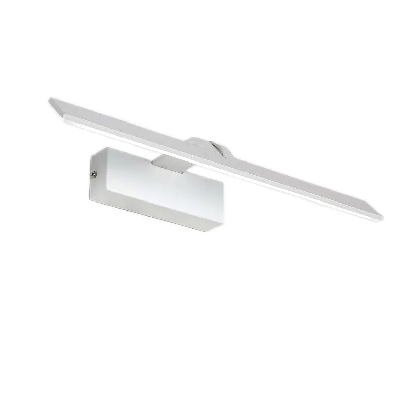 White rectangular LED mirror headlight with dimmable three-colour lighting for bathroom and makeup use