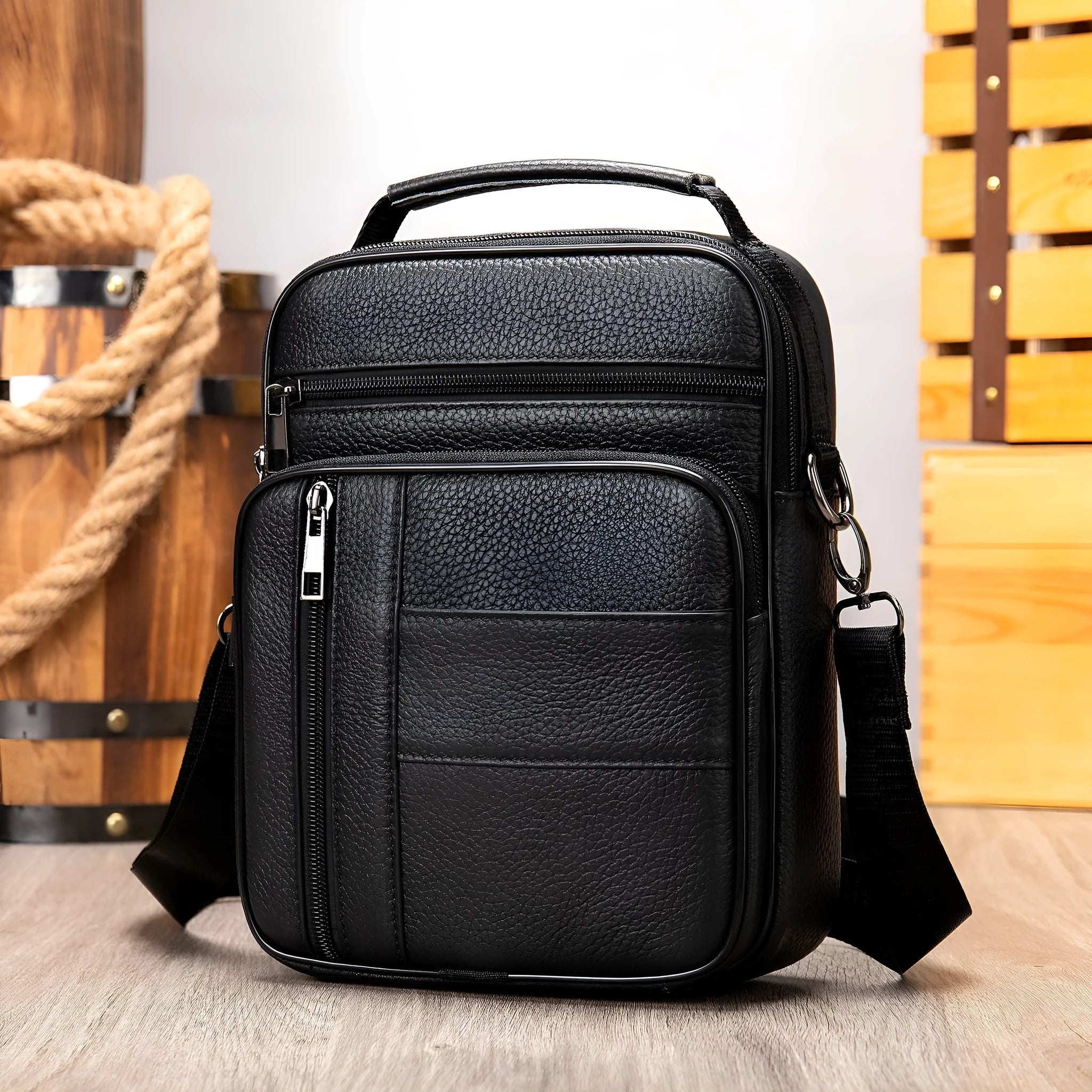 Men's vintage genuine leather cowhide shoulder bag in vertical square shape with zipper opening