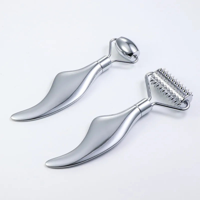 Stainless steel facial massage set with double-headed roller and heart-shaped scraping plate
