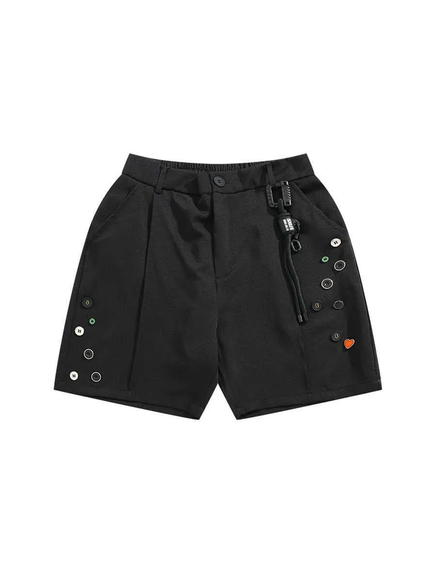 Men's black semi-elastic shorts with button fly and straight-leg cut above knee length