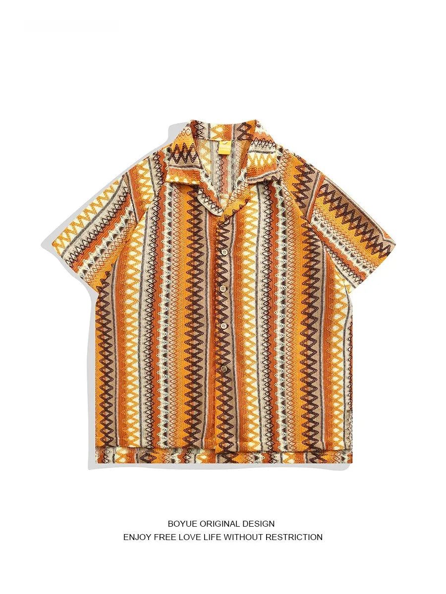 Men's ethnic woven Cuban collar shirt with contrast colours, loose fit drop shoulder sleeves