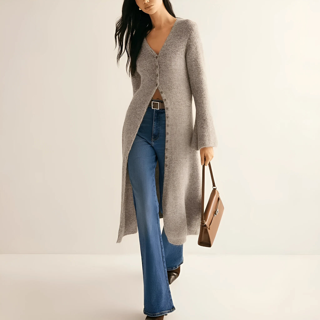 Khaki long sleeve coat cardigan with button front in a retro French style.