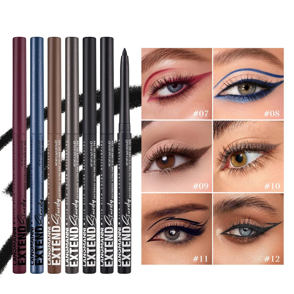 12 colourful eyeliner pencils with matte, glitter, metallic, and pearl finishes in waterproof formula