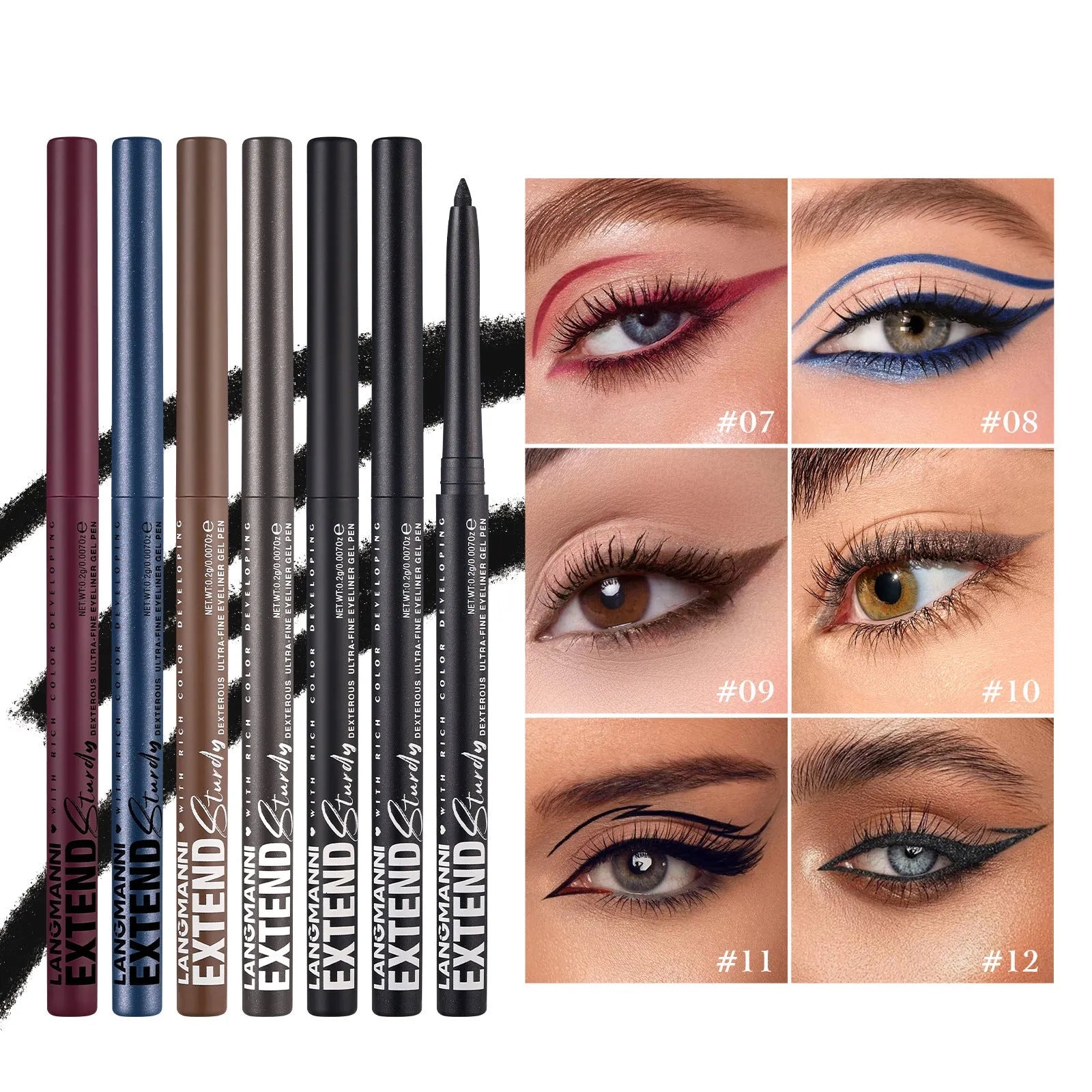 12 colourful eyeliner pencils with matte, glitter, metallic, and pearl finishes in waterproof formula