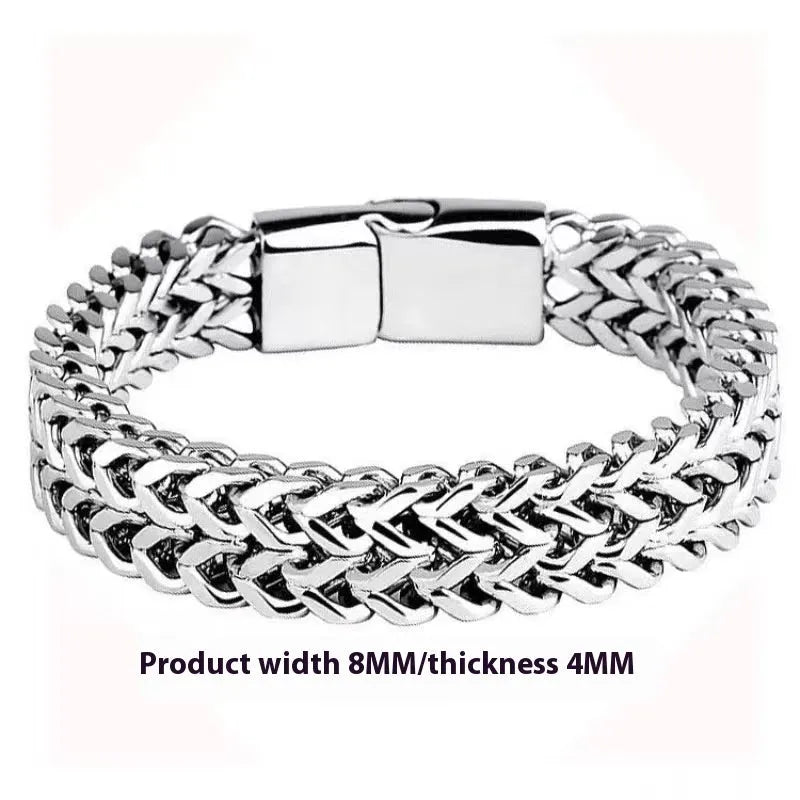 Silver geometric stainless steel hip hop bracelet showing front and back design details