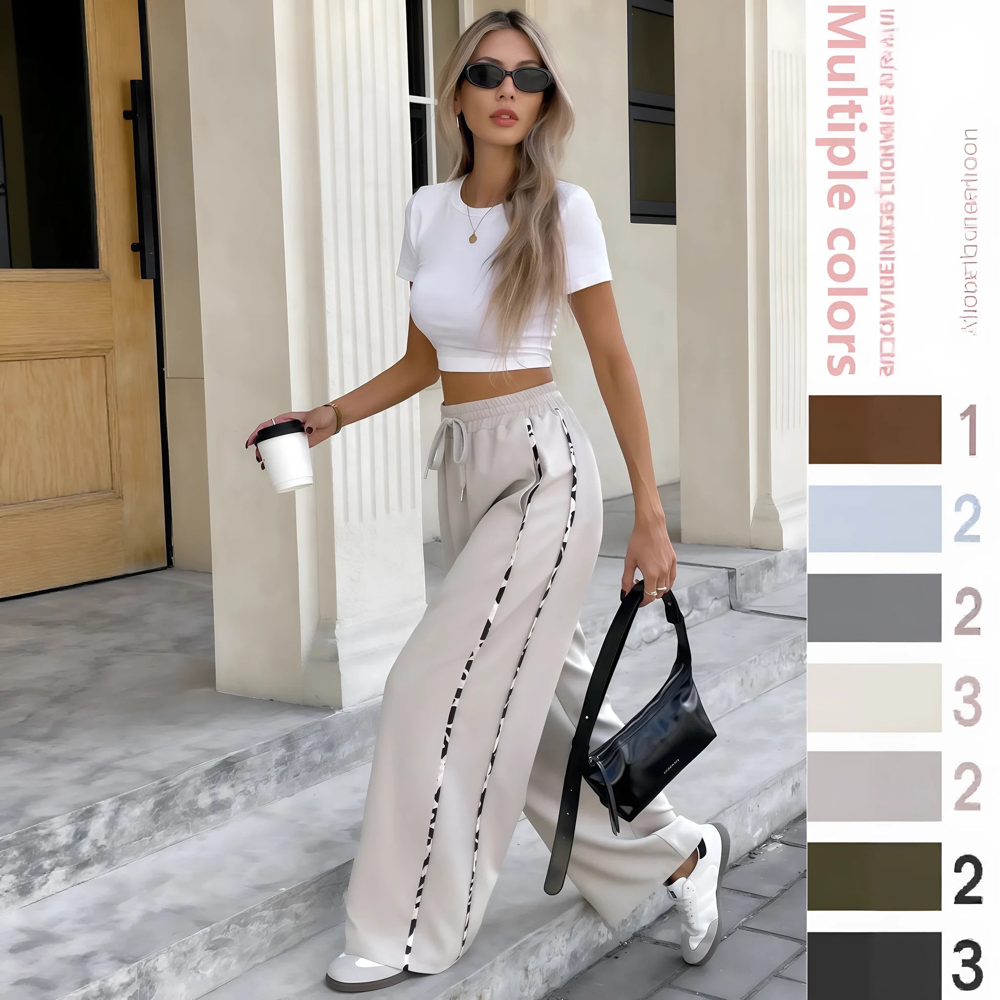 Women's beige lace-up drawstring high waist straight leg casual trousers on a hanger.