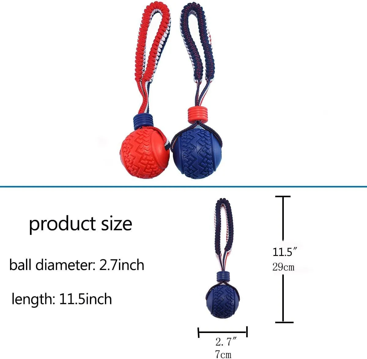 Blue dog ball with rope toy showing textured rubber surface and rope attachment for small breed dogs