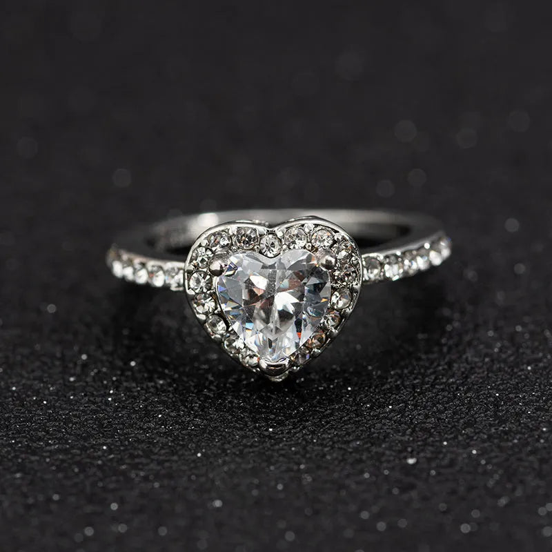 Heart-shaped crystal women's wedding ring with rose gold or silvery electroplated finish