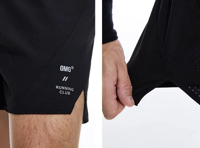 Men's black running shorts with laser stitching detail and stretch fabric for athletic training