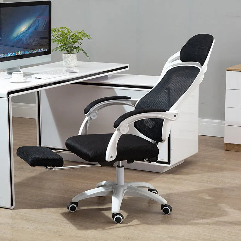 Rotating ergonomic computer gaming chair with black seat, nylon wheels, linkage armrests and footrest option