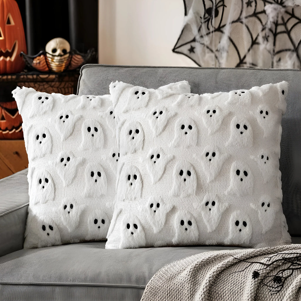 Plush stereo ghost embroidered black and white holiday decorative cushion cover 45x45cm on sofa