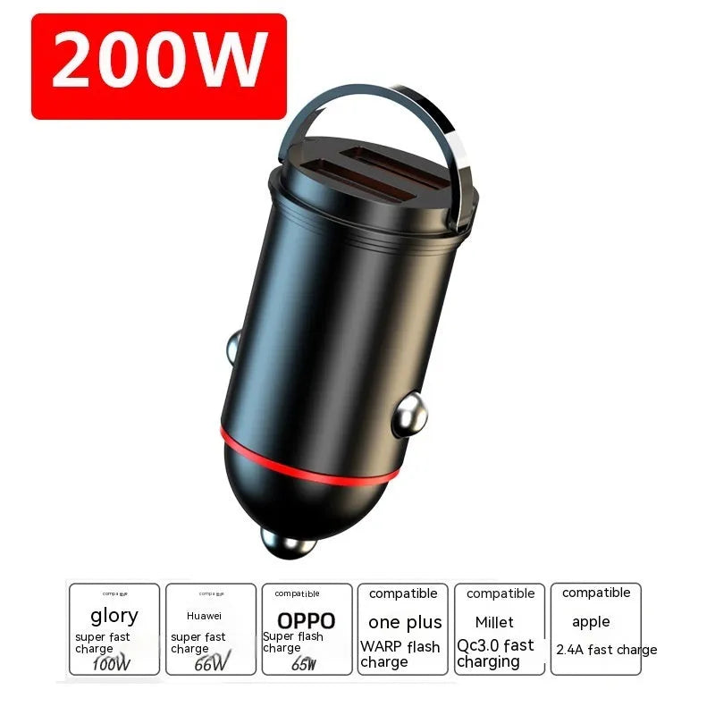 Black 200W super fast car charger with zinc alloy housing and USB output interface.