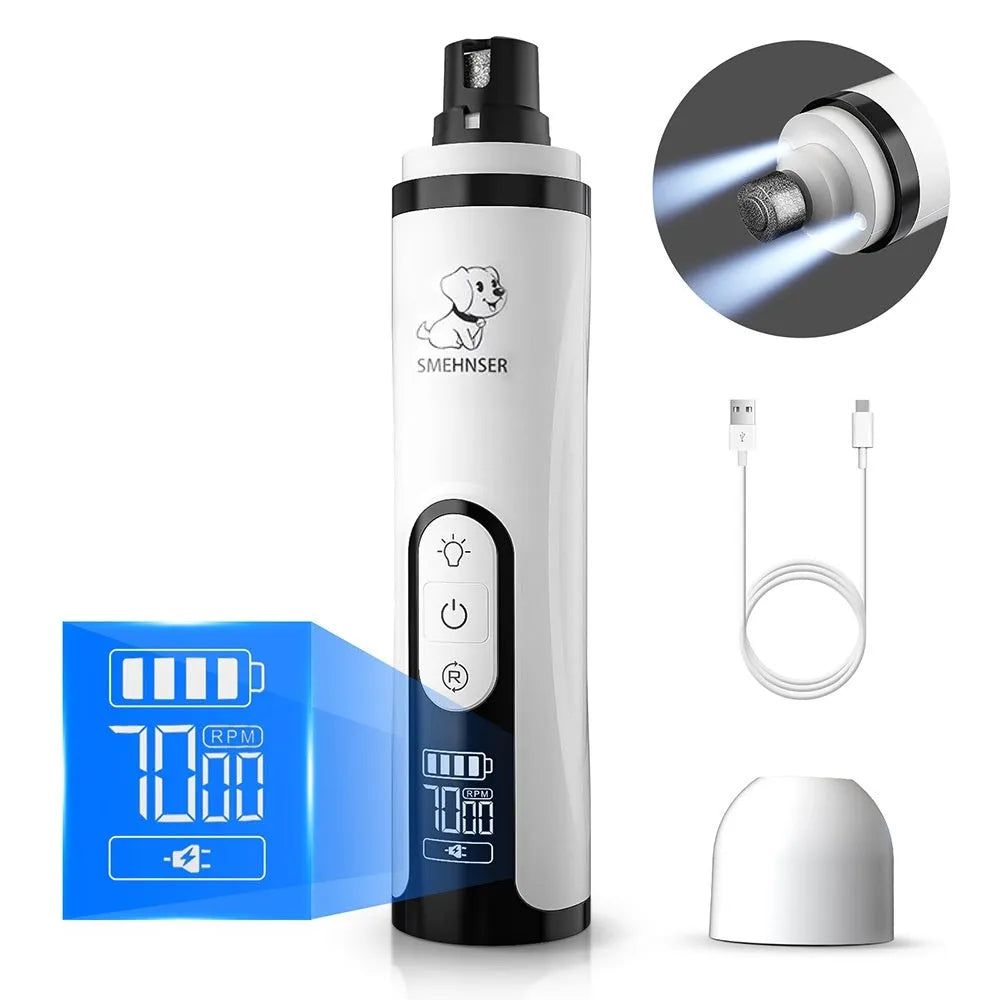 Electric dog nail trimming device with LED display showing speed settings and dust collection compartment