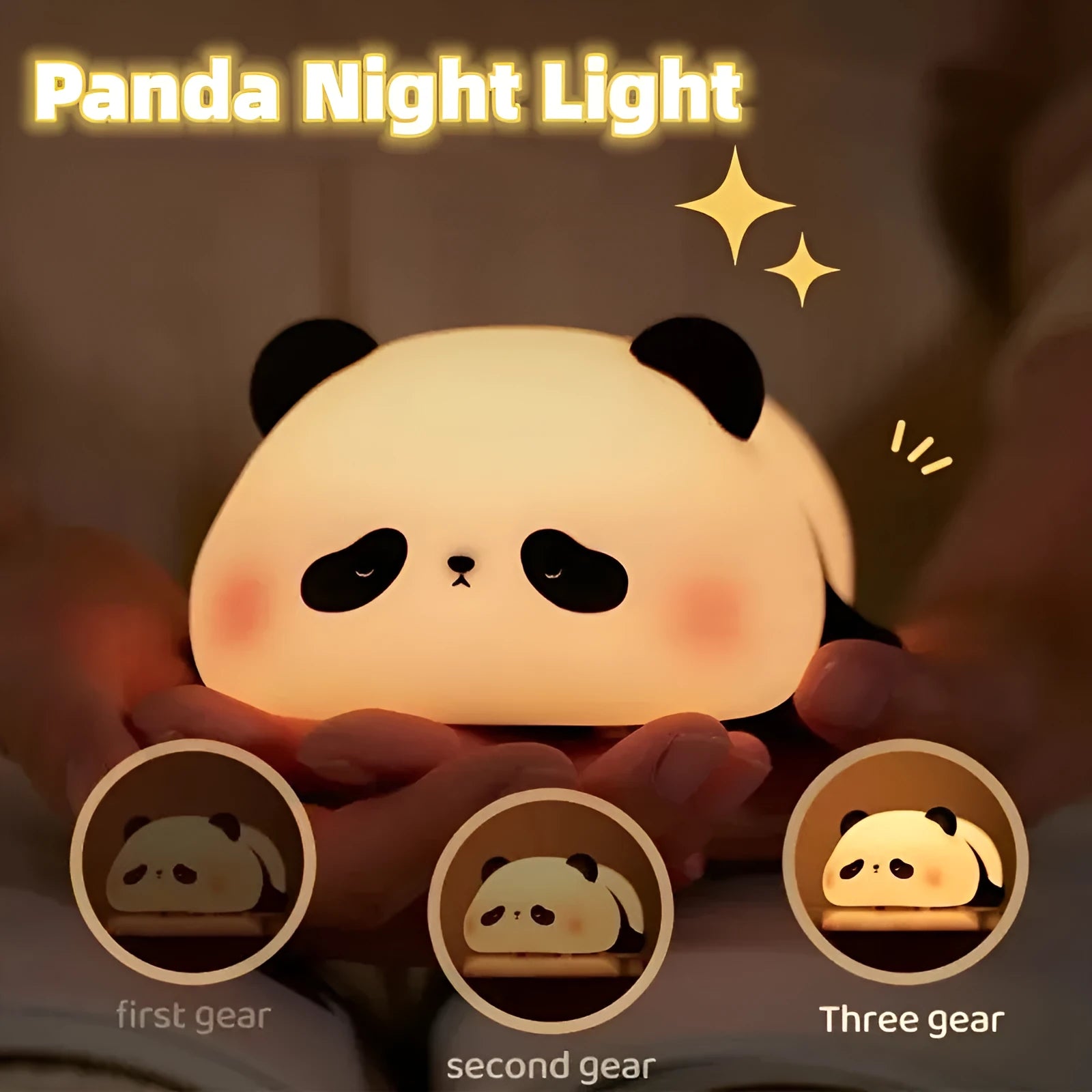 Cartoon panda head rechargeable night light with warm white glow on bedside table