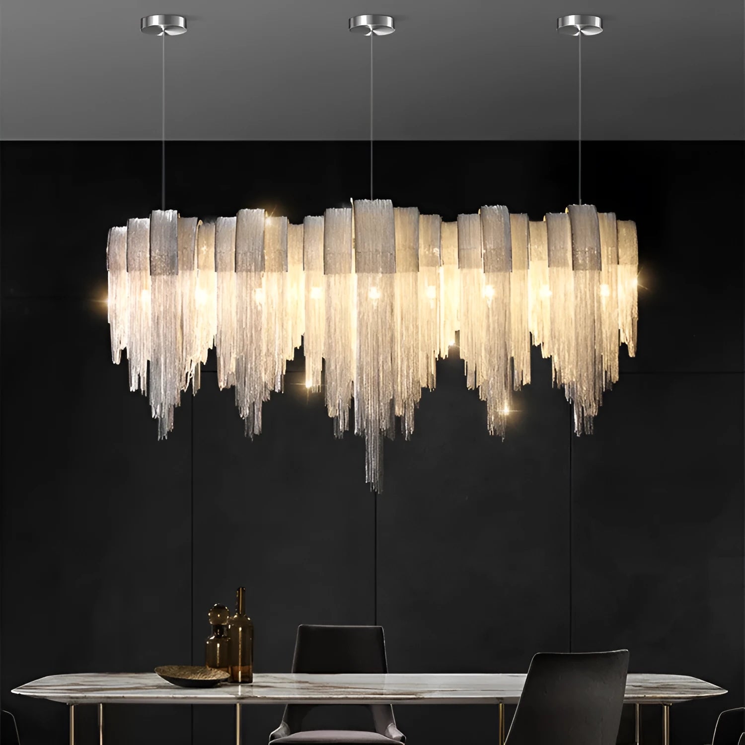 Silver Nordic aluminum LED chandelier with PMMA lampshade on ceiling in modern living room