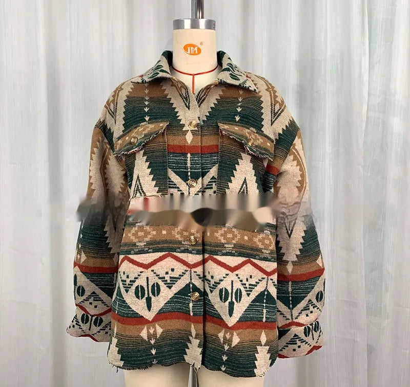 Women's retro style Aztec printed jacket in woolen cotton blend fabric, loose fit with long sleeves