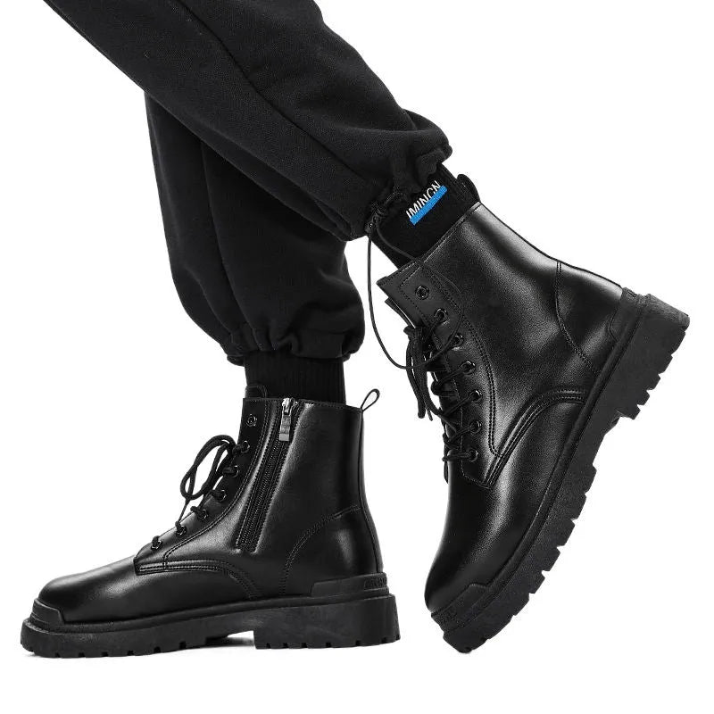 Men's black mid-top British leather style boots with waterproof uppers and rubber soles