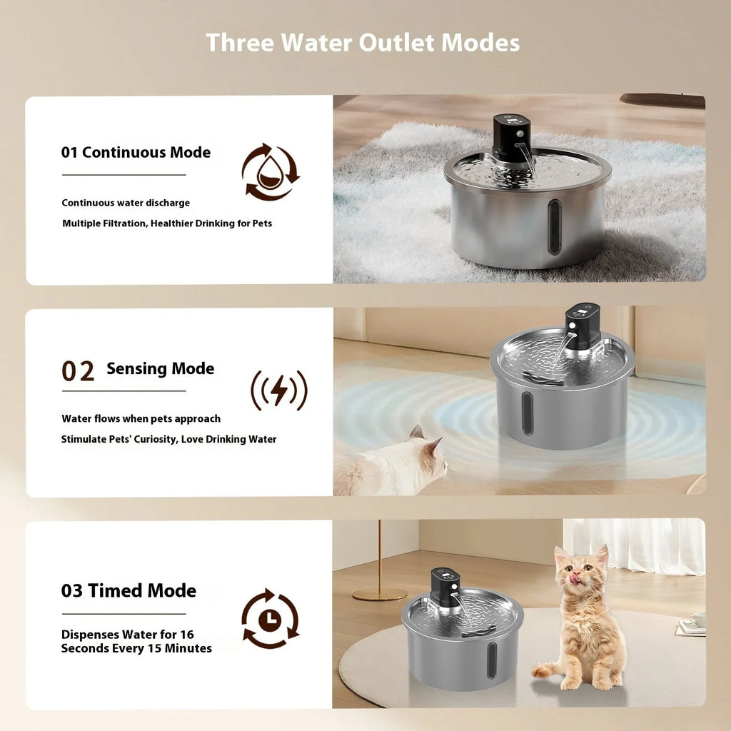 Stainless steel cat water fountain with constant temperature heating base in black and white options