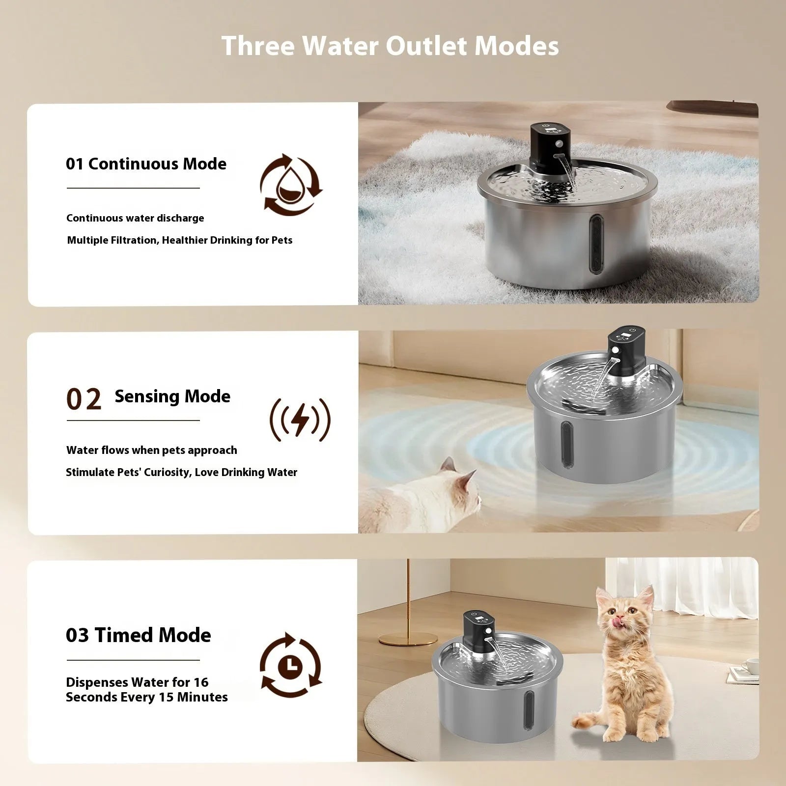 Stainless steel cat water fountain with constant temperature heating base in black and white options