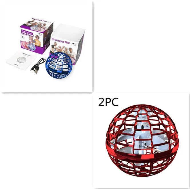 Blue flying ball toy with LED lights hovering above a child's hand next to a magic wand.