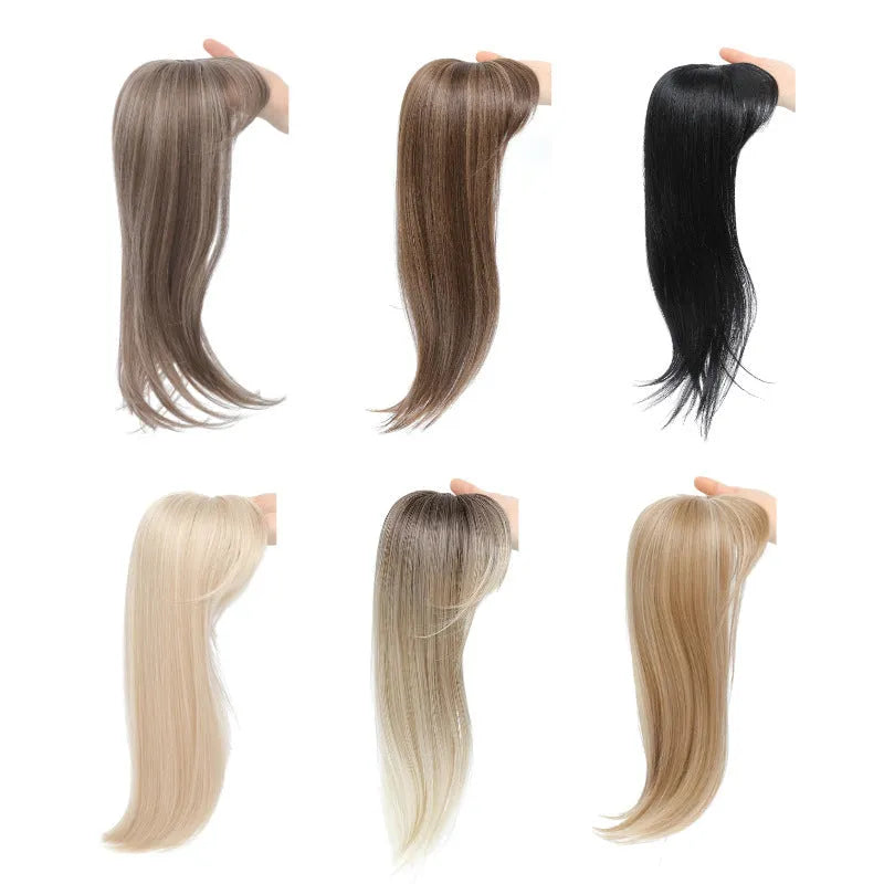 Synthetic high temperature fibre wig hairpiece with inner buckle and hair clip attachment in one of six colour styles.