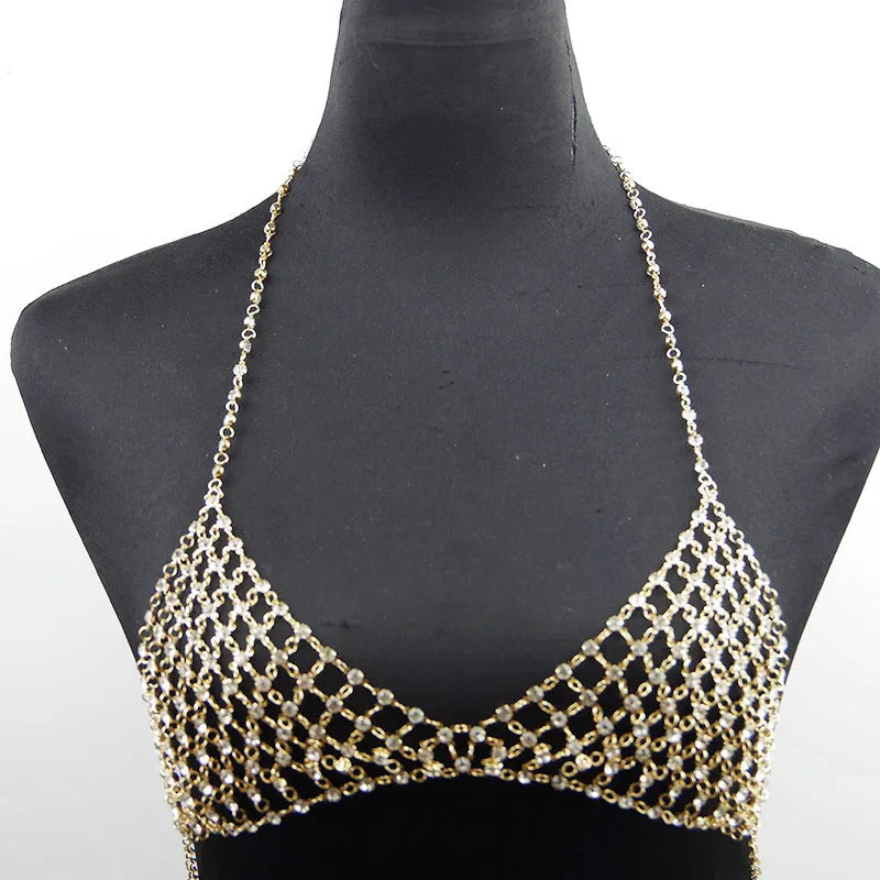 Gold leisure nightclub body chain artificial diamond chest necklace on display showing copper ball bead chain