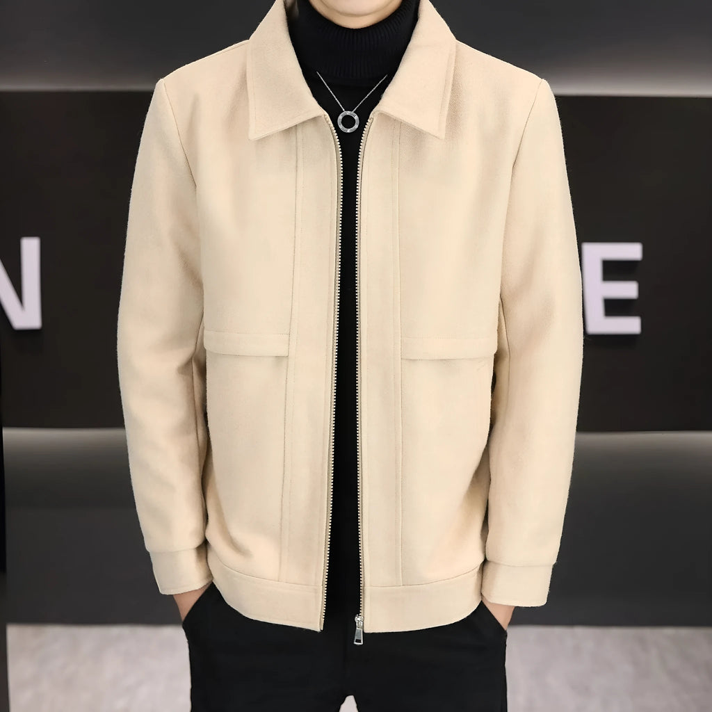 Casual polo collar jacket in cotton blend fabric showing side seam pockets and regular sleeve design