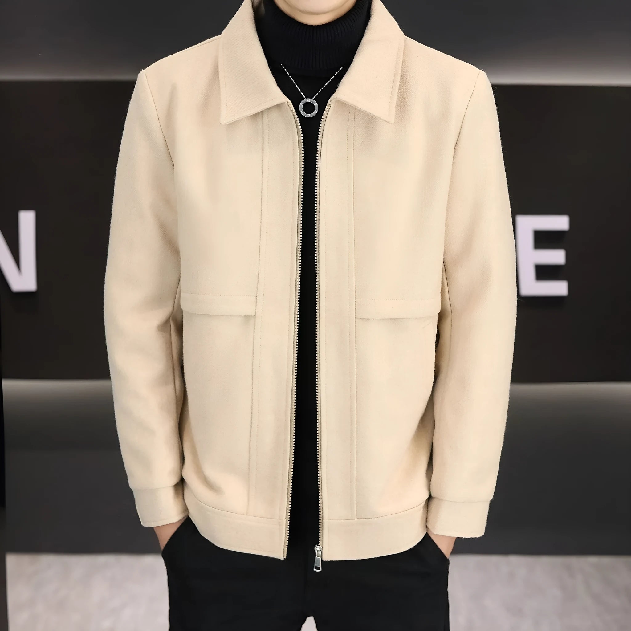 Casual polo collar jacket in cotton blend fabric showing side seam pockets and regular sleeve design