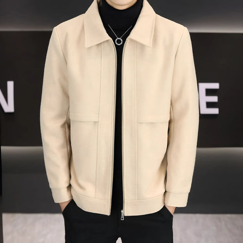Casual polo collar jacket in cotton blend fabric showing side seam pockets and regular sleeve design