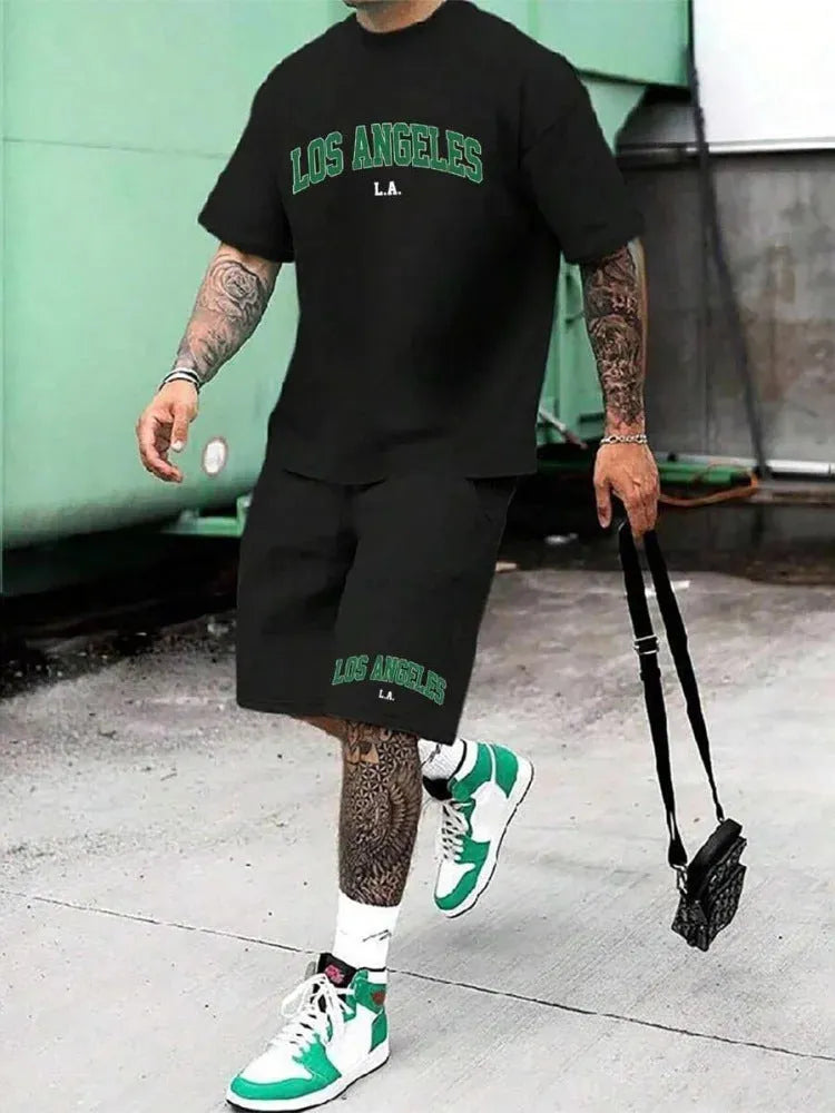 Men's black and white 3D printed letter short sleeve top and shorts suit set